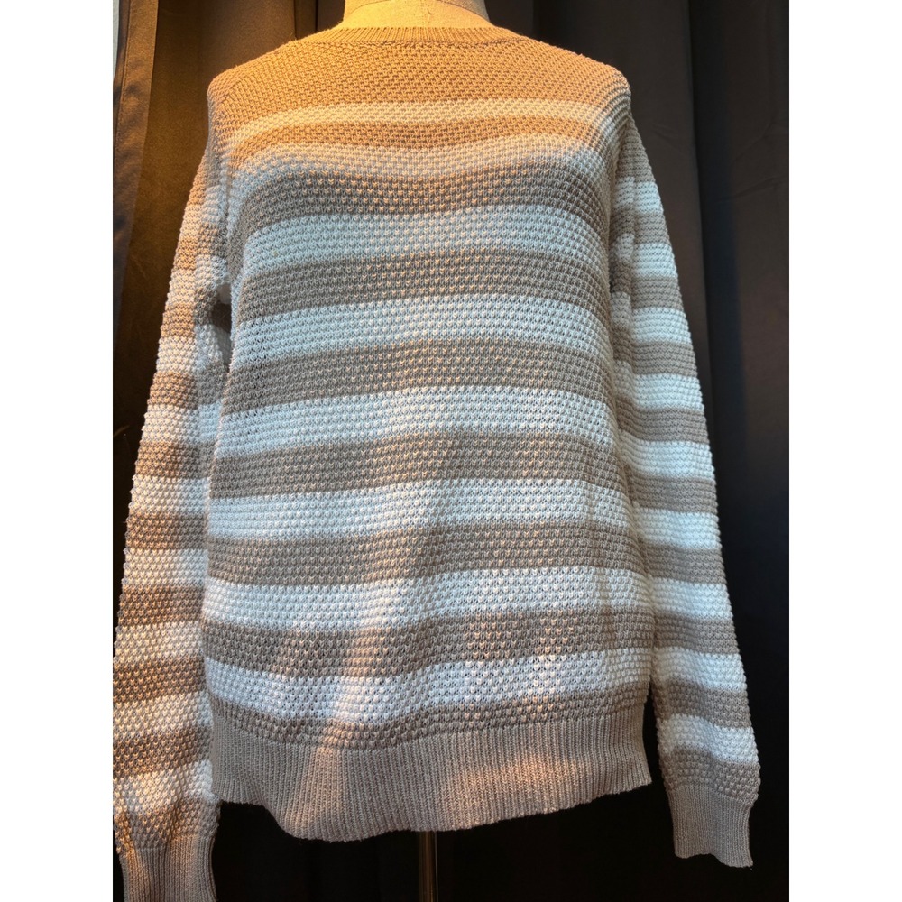Old Navy Womens Tan White Striped Waffle Knit Crewneck Sweater Size M Raglan